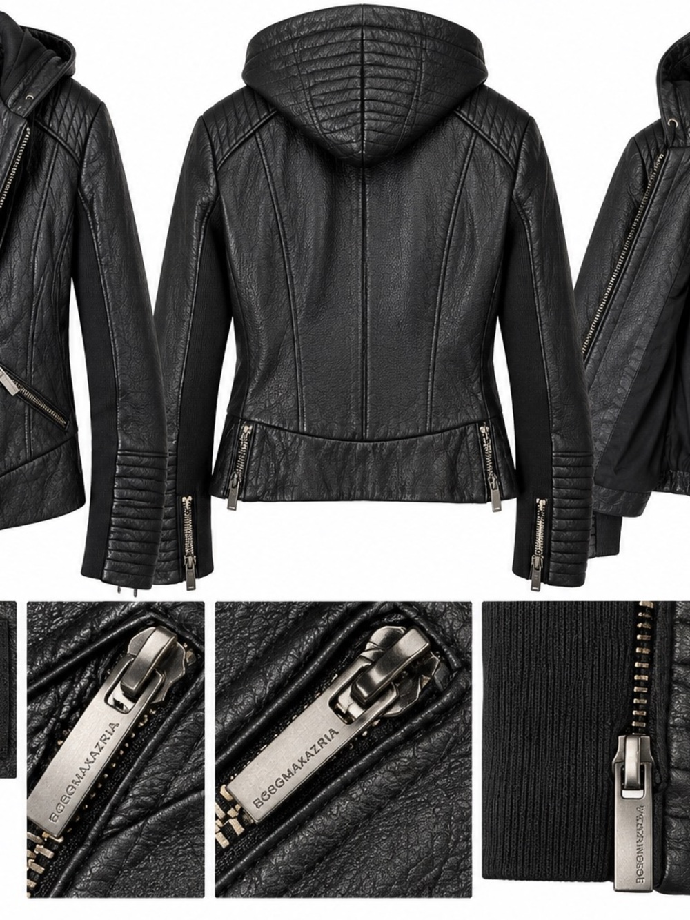 BCBGMAXAZRIA Black Genuine Leather Hooded Moto Puffer Jacket S